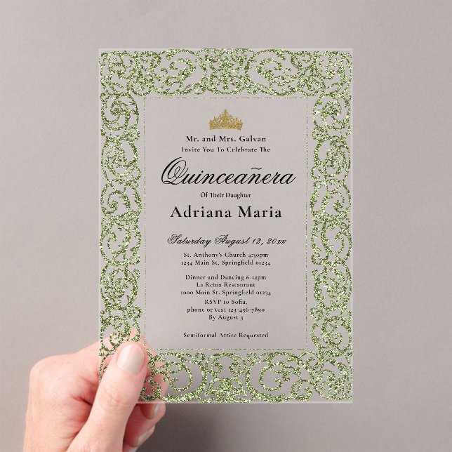 Elegant Sage Green 15th Birthday Quinceanera Acrylic Invitations (Insitu (Handheld))