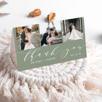 Elegant Sage Green 3 Photo Collage Thank You