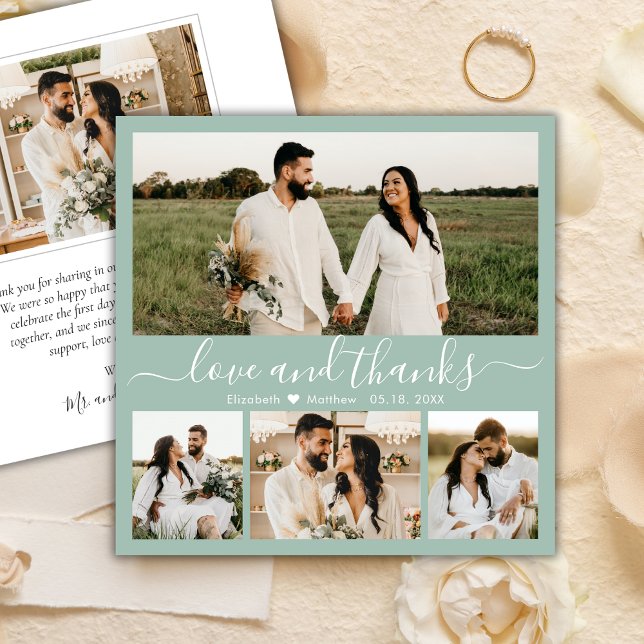 Elegant Sage Green 4 Photo Collage Script Wedding Thank You Card (Creator Uploaded)