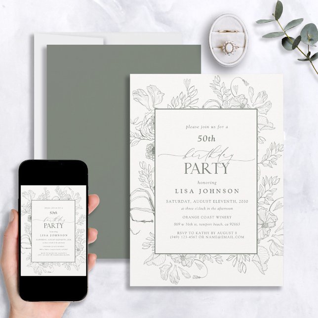 Elegant Sage Green 50th Birthday Floral Line Art Invitation (Creator Uploaded)