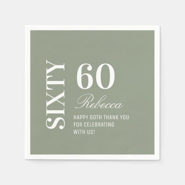 Elegant Sage Green 60th Birthday Party Cocktail  Napkin (Front)
