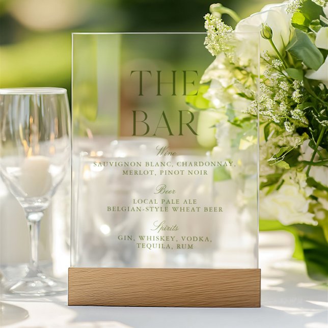 Elegant Sage Green Acrylic Wedding Bar Menu Sign (Elegant Sage Green Acrylic Wedding Bar Menu Sign)