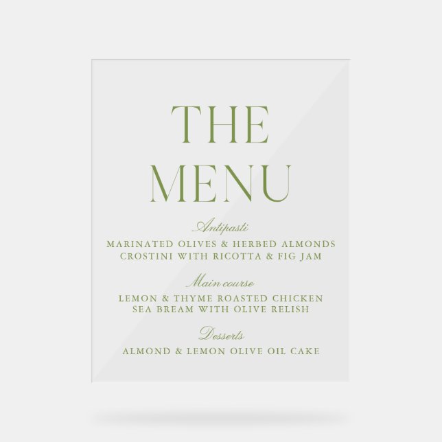 Elegant Sage Green Acrylic Wedding Menu Sign (Front)