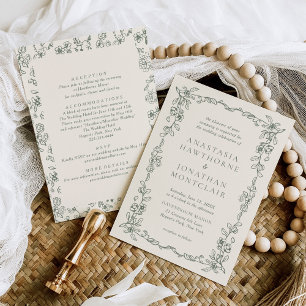 Elegant Sage Green All in One Vintage Wedding Invitation