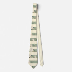 Elegant Sage Green and Cream Striped Botanical Tie
