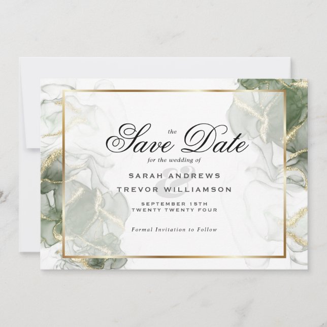 Elegant Sage Green and Gold Alcohol Ink Invitation (Front)