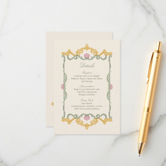 Elegant Sage Green and Gold Art Nouveau Enclosure Card (Front/Back In Situ)
