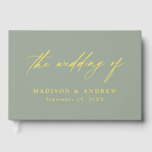 Elegant Sage Green and Gold Calligraphy Wedding Guest Book