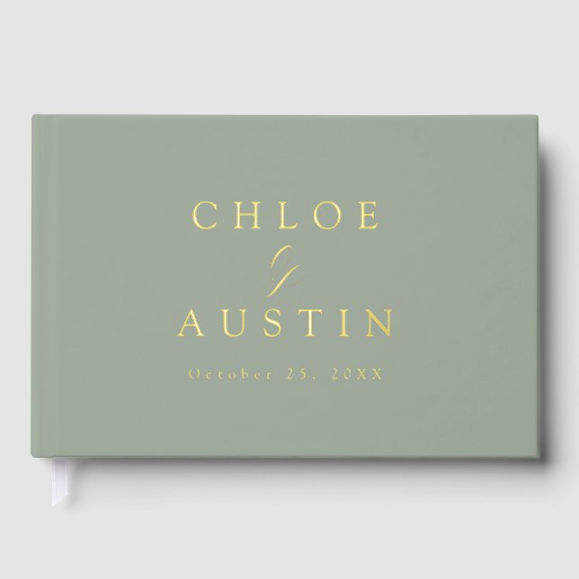 Elegant Sage Green and Gold Calligraphy Wedding Guest Book (Front)