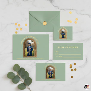 Elegant Sage Green and Gold Foil Arched Photo Grad