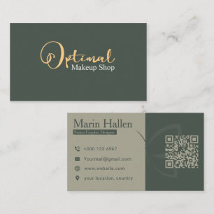Elegant Sage Green and Gold Makeup Shop Business Card