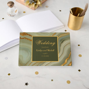 Elegant Sage Green And Gold Onyx Stone Guest Book