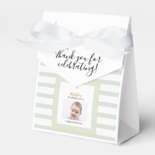 Elegant Sage Green and Gold Photo Christening Tent Favour Box
