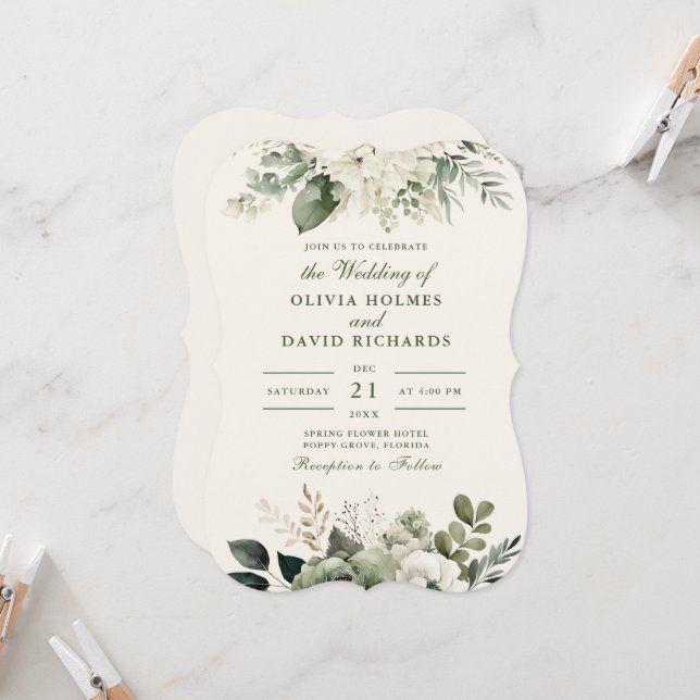 Elegant Sage Green and Ivory Flowers Wedding Invitation (Front/Back In Situ)