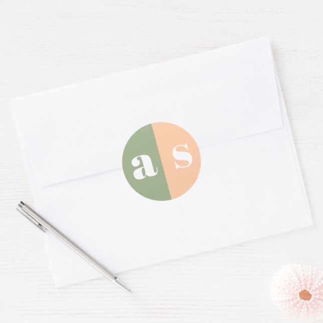 Elegant sage green and peach monogram wedding classic round sticker (Envelope)