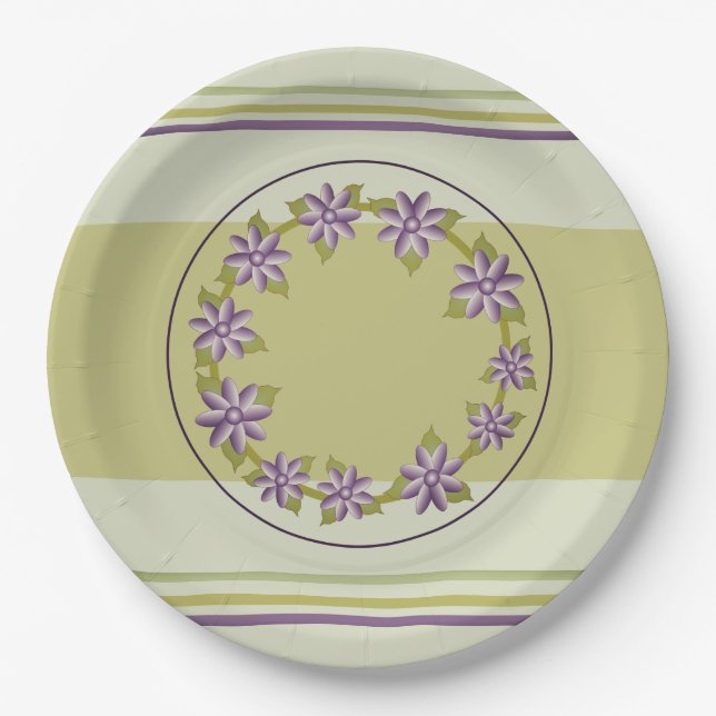 Elegant Sage Green and Purple Floral And Stripe Paper Plate (Front)