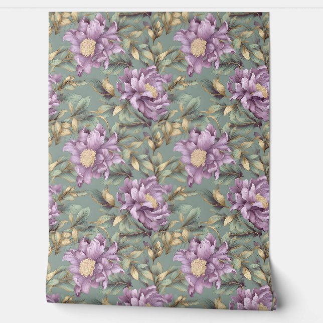 Elegant sage green and purple flowers peonies wallpaper (Unrolling)
