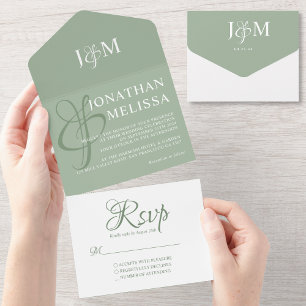 Elegant Sage Green and White Monogram Wedding All In One Invitation