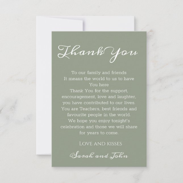 Elegant Sage Green and White Script Wedding Thank You Card (Front)