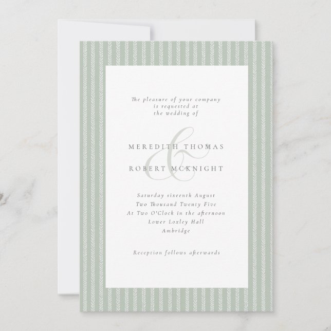 Elegant Sage Green and White Stripes Wedding Invitation (Front)