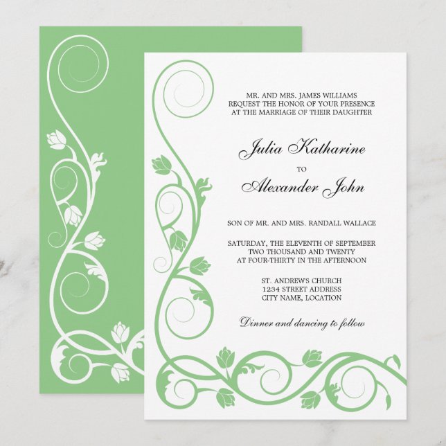 Elegant Sage Green and White Swirls Invitation (Front/Back)