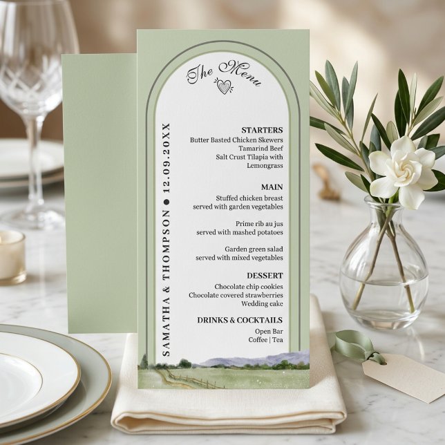 Elegant Sage Green Arch Minimalist Wedding Menu Ca (Elegant Sage Green Arch Minimalist Wedding Menu Card)