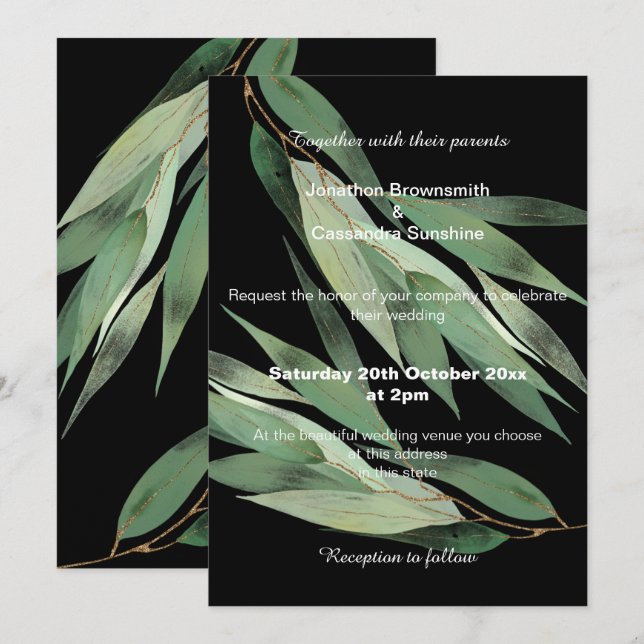 ELEGANT SAGE GREEN BLACK EUCALYPTUS WEDDING  INVITATION (Front/Back)