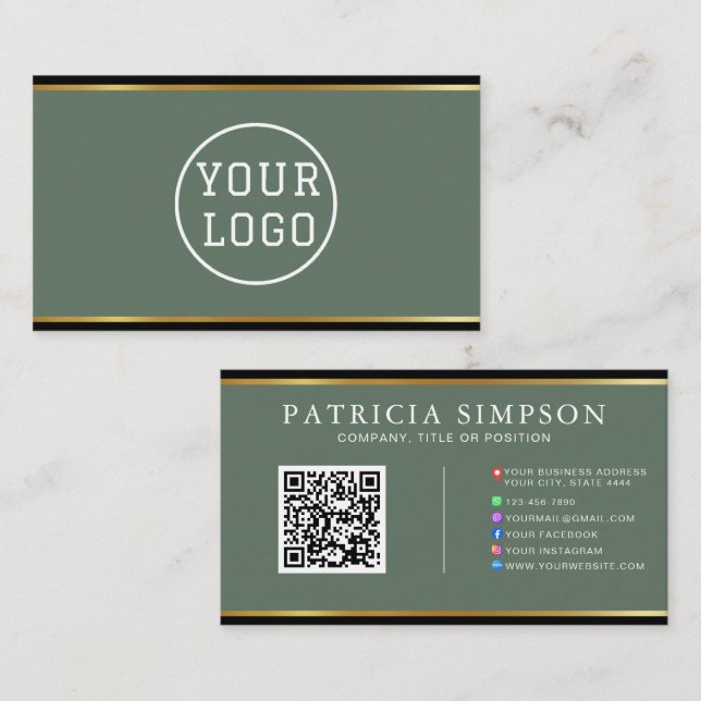 Elegant Sage Green Black Gold Professional QR Code Business Card (Front/Back)
