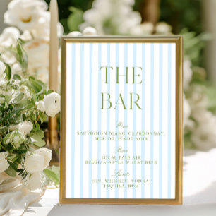 Elegant Sage Green & Blue Striped Wedding Bar Sign Invitation