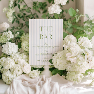 Elegant Sage Green & Blue Striped Wedding Bar Sign Invitation