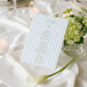 Elegant Sage Green & Blue Striped Wedding Menu Invitation