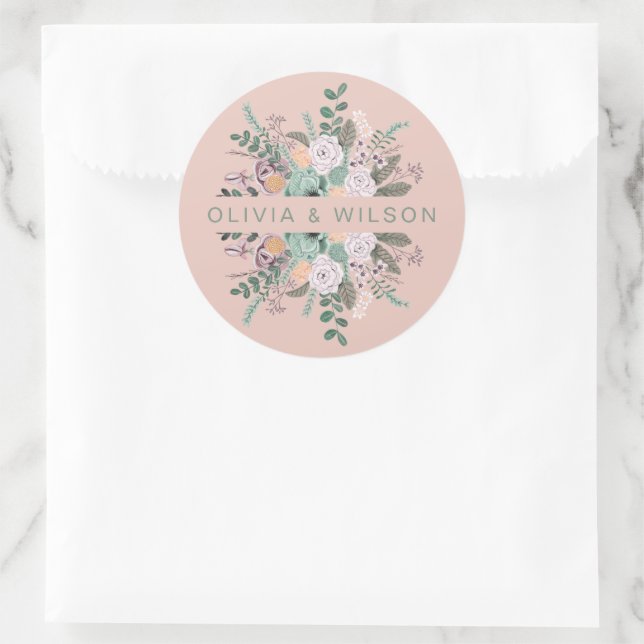 Elegant sage green & blush Botanical  Floral  Clas Classic Round Sticker (Bag)
