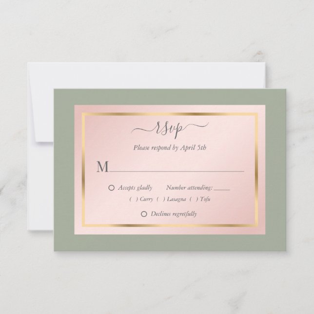 Elegant Sage Green Blush Gold Wedding RSVP Cards (Front)
