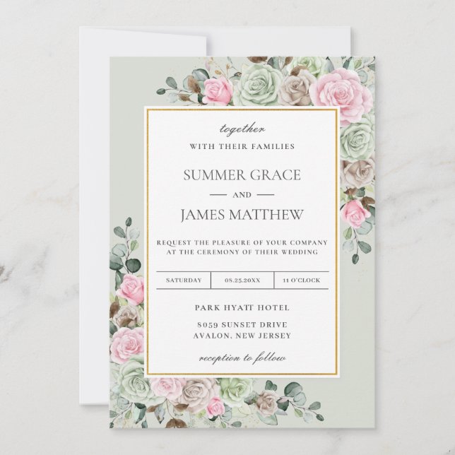 Elegant Sage Green Blush Pink Brown Floral Wedding Invitation (Front)