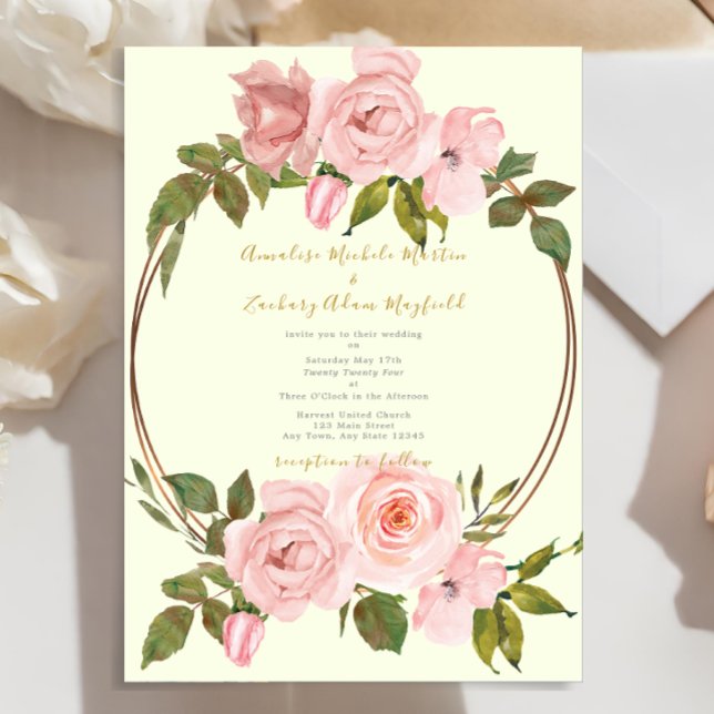 Elegant Sage Green Blush Pink Floral Gold Wedding Invitation (Creator Uploaded)