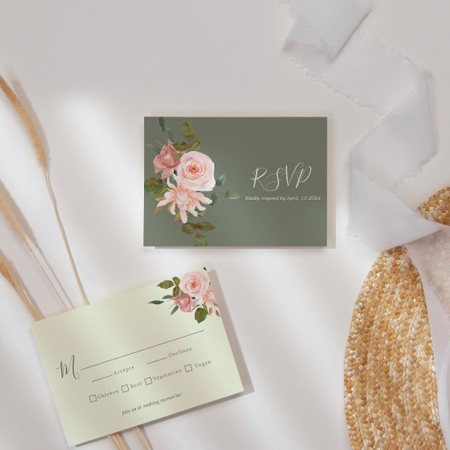 Elegant Sage Green Blush Pink Floral Wedding RSVP Card (Creator Uploaded)