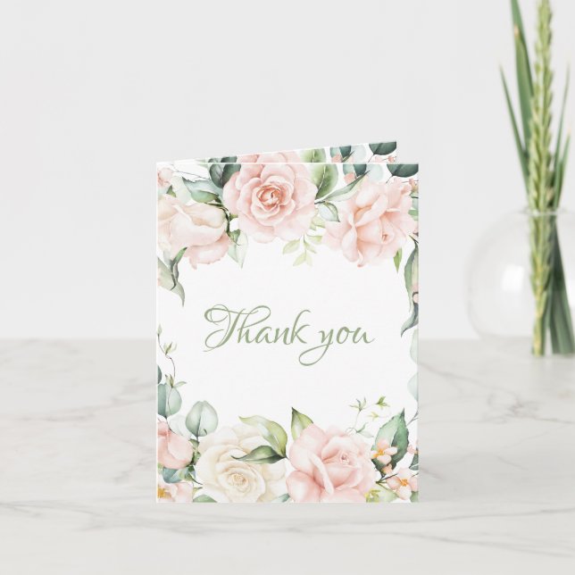 Elegant Sage Green Blush Pink Floral Wedding Thank You Card (Front)
