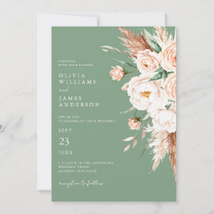Elegant Sage Green Boho Floral Fall Wedding  Invitation