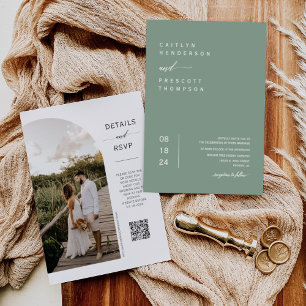 Elegant Sage Green Boho Photo QR Code Wedding Inv Invitation