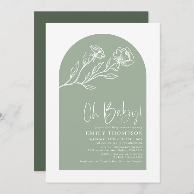 Elegant Sage Green Botanical Boho Baby Shower Invitation (Front/Back)