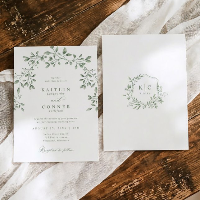Elegant Sage Green Botanical Garden Wedding Invitation (Elegant garden wedding invitation in sage green with watercolor greenery and crest on back)