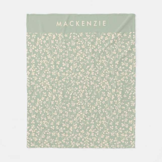 Elegant Sage Green Botanical Personalised Fleece Blanket (Front)