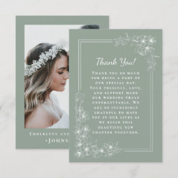 Elegant Sage Green Botanical Photo Wedding Thank You Card