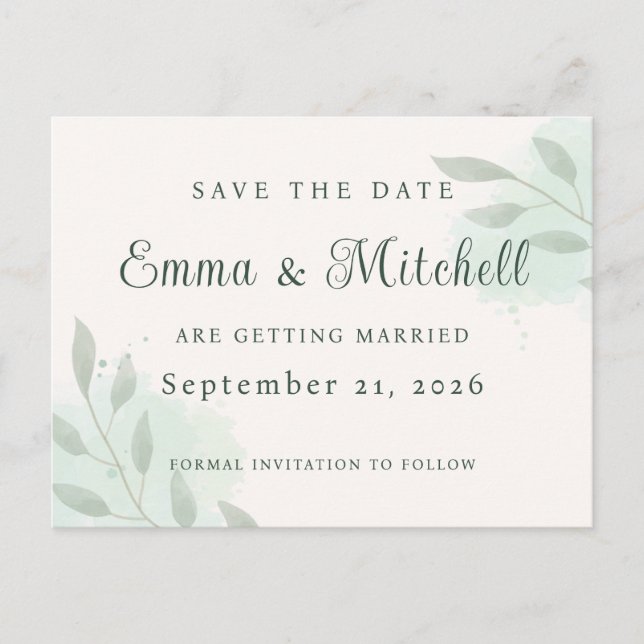 Elegant Sage Green Botanical Wedding Save the Date Announcement Postcard (Front)