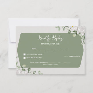 Elegant Sage Green Botanical White Floral Wedding RSVP Card