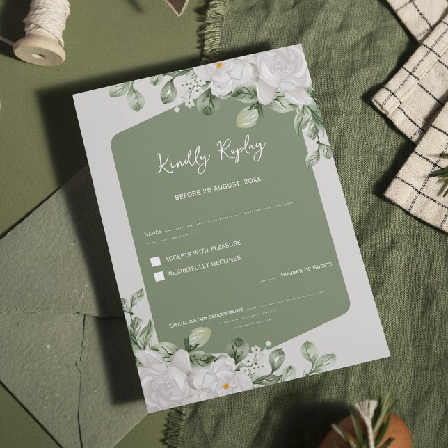 Elegant Sage Green Botanical White Floral Wedding RSVP Card (Creator Uploaded)