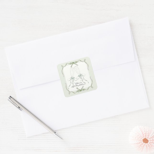 Elegant Sage Green Bow and Stripe Wedding  Square Sticker (Envelope)