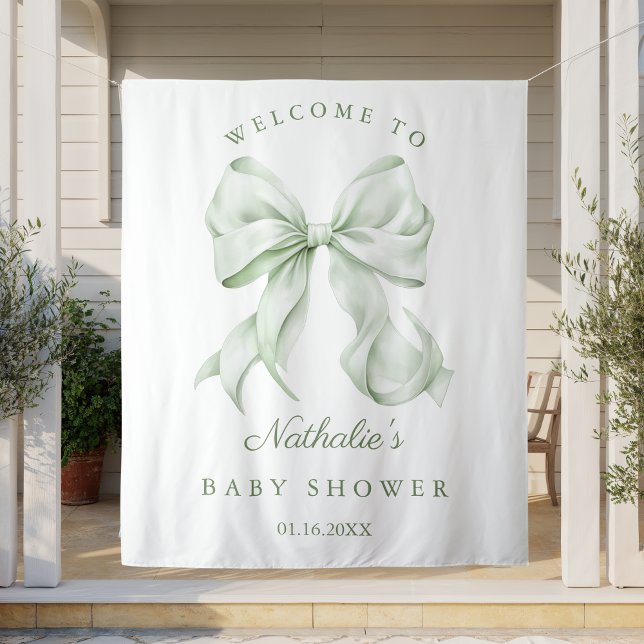 Elegant Sage Green Bow Baby Shower Backdrop Tapestry (Creator Uploaded)
