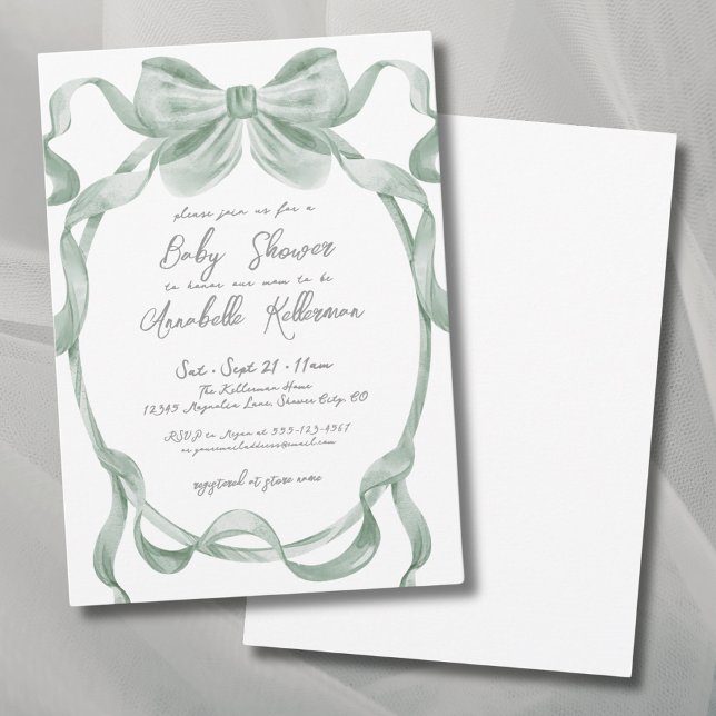 Elegant Sage Green Bow Baby Shower Invitation (Elegant Sage Green Bow Baby Shower Invitation)