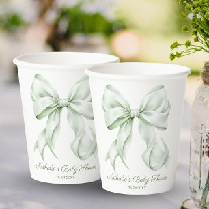 Elegant Sage Green Bow Baby Shower Paper Cups